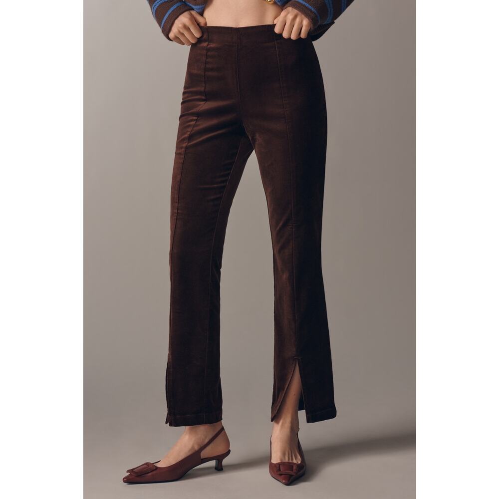 Maeve High Rise Split Front Velvet Skinny Pants Brown Holiday Party Stretch Sz M - Picture 2 of 14